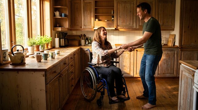 Joyful couple dancing in rustic kitchen, woman in wheelchair sharing happy moment with partner