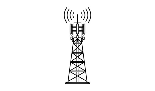 Radio communication tower with broadcast antenna and wireless signal waves black line vector illustration