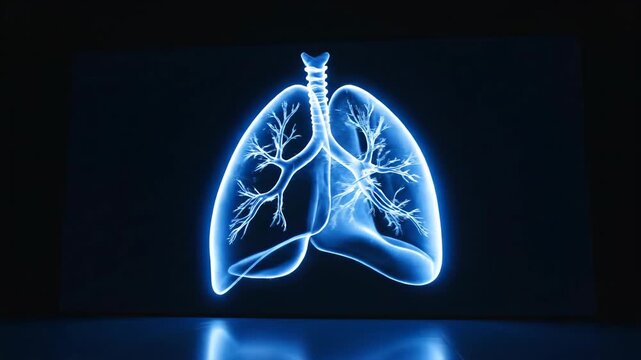 Blue glowing visualization of human lungs and bronchial tree rotating on dark background, medical illustration of respiratory system, anatomy and health concept presentation