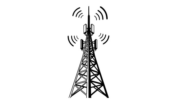 Industrial broadcast transmission tower with antennas and wireless signal waves vector line art