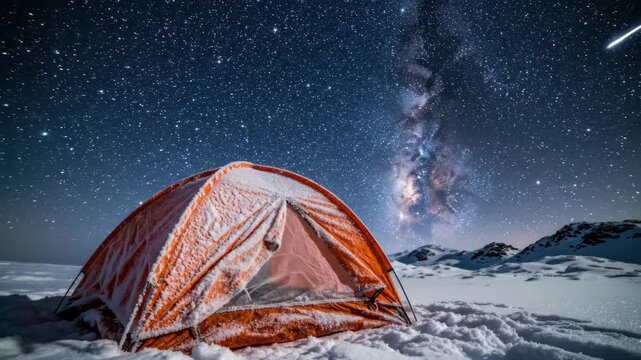 Orange winter camping tent covered with fresh snow under vast night sky displaying bright Milky Way galaxy and shooting star in remote, frozen mountain landscape.