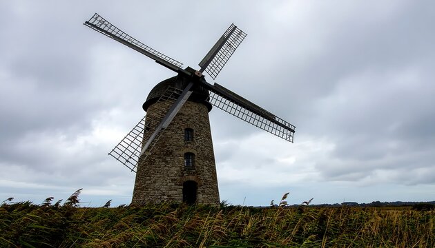Old stone windmill in cloudy countryside landscape