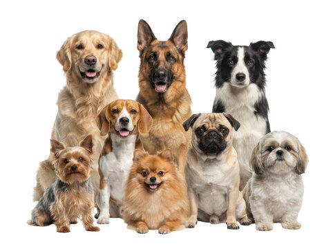 Group of happy dogs of different breeds sitting together isolated on transparent background
