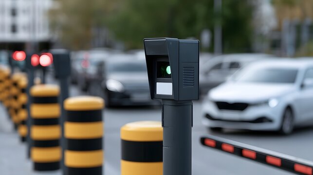 A black license plate reader mounted on a pole at a parking barrier with cars passing by in the background