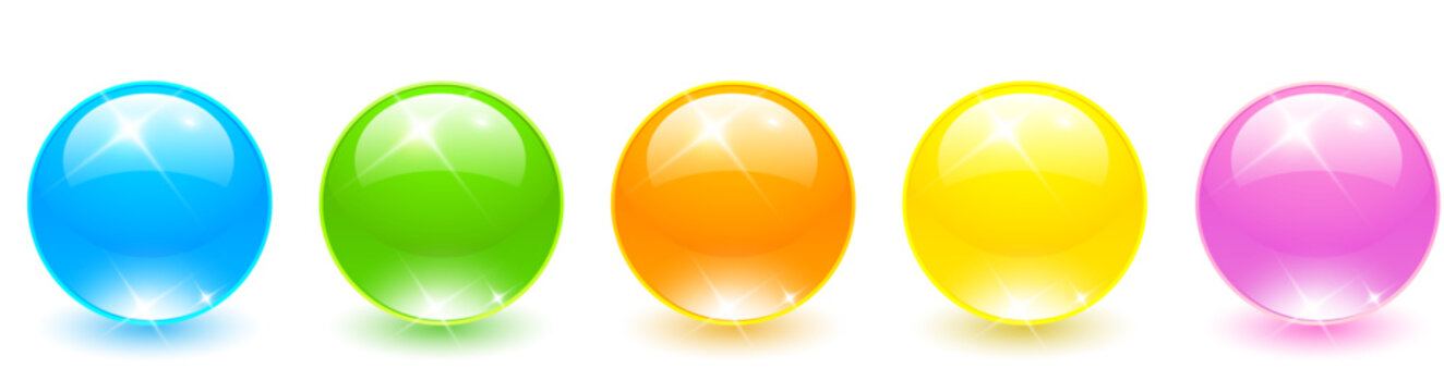 Colorful glass balls set, shiny spheres collection, 3D vector illustration.