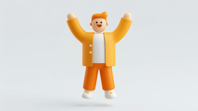 Joyful 3d male character in casual orange clothes jumping up and down with happiness and excitement, celebrating a victory or success on a clean white background with a cheerful smile