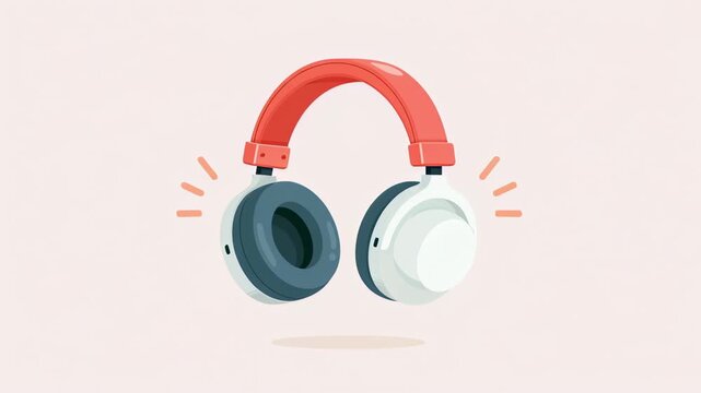 Animated illustration showing wireless headphones vibrating and playing loud music with sound waves appearing and disappearing on a pastel background, perfect for audio and entertainment concepts