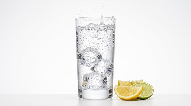 Refreshing sparkling water with ice cubes in a tall glass, clear soda with lemon and lime wedges, cold carbonated beverage for summer hydration isolated on White Background