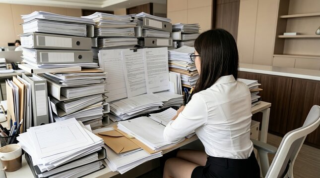 Overwhelmed office worker buried under huge stacks of paperwork and binders at desk