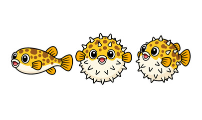 Cute Cartoon Pufferfish Trio Puffed and Deflated Vector Set © NurFatimah