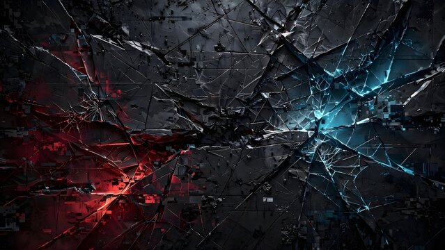 Abstract Digital Glitch Texture with Fractured Glass, Glitchy Noise Patterns, and Sharp Geometric Scratches on Matte Black Metal