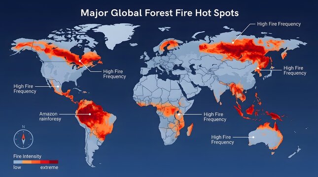 Global map highlighting major forest fire hot spots and intensity across continents, indicating high frequency regions.