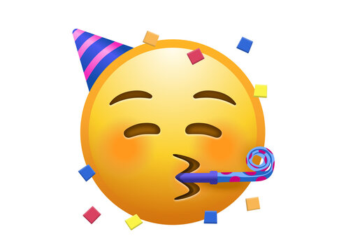 Partying face emoji vector icon with party hat and blower for celebration reaction