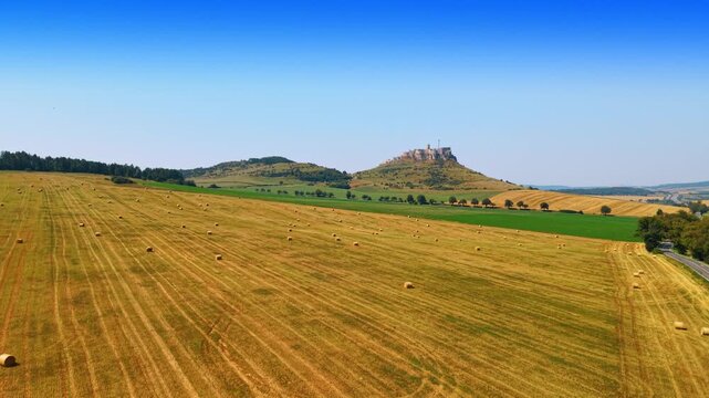 High aerial shot of golden field with hay bales and Spis Castle. Panoramic aerial view of yellow agricultural field with scattered round bales, road, green lines, castle in distance