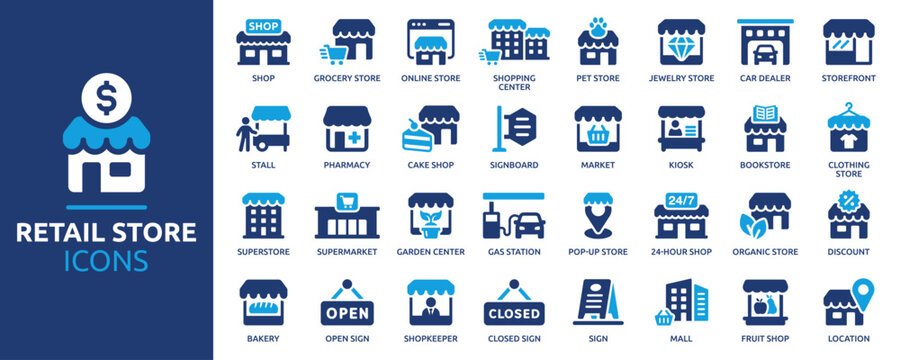 Retail Store Icons Set. Shop, Supermarket, Grocery Store, Mall, Shopping Center and Other Store Building Vector Symbols Collection