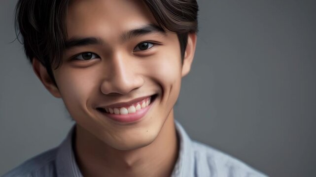 Young Asian Man Smile Portrait Closeup Face with Wavy Dark Hair and Friendly Expression