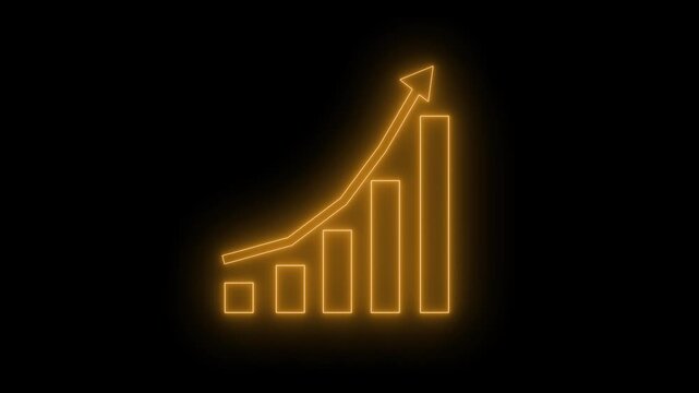 Neon upward trending bar chart and arrow on black background, glowing infographic symbolizing growth or performance animation