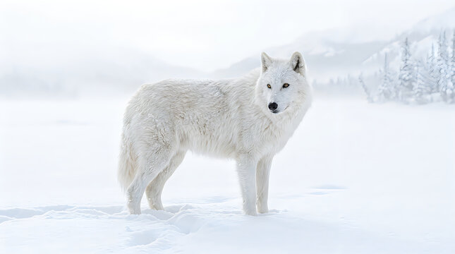 A beautiful white wolf standing in the cold snowy arctic landscape during winter