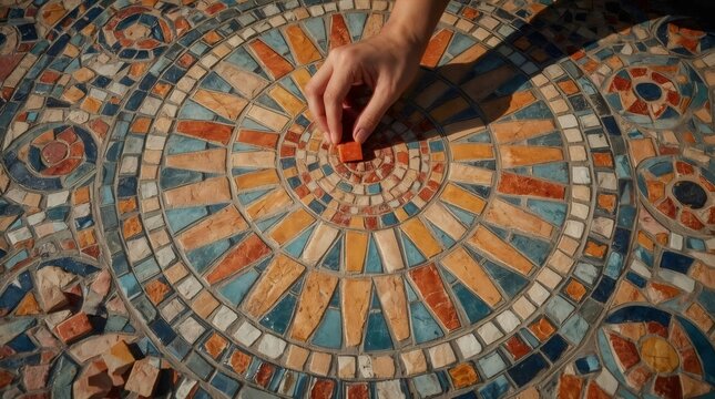 Hand placing final tile on a colorful mosaic pattern, completing intricate artwork with care and precision