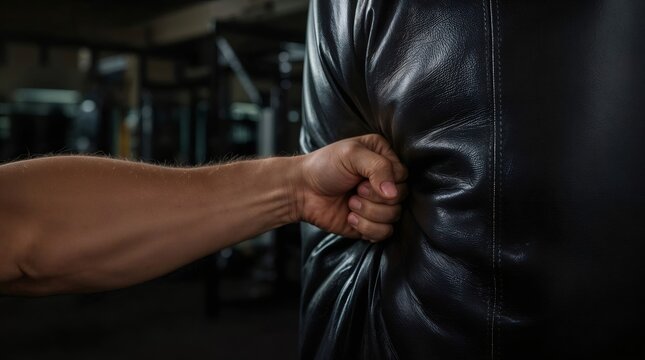 Athlete punching black boxing bag during training, showing strength, power, and determination in the gym