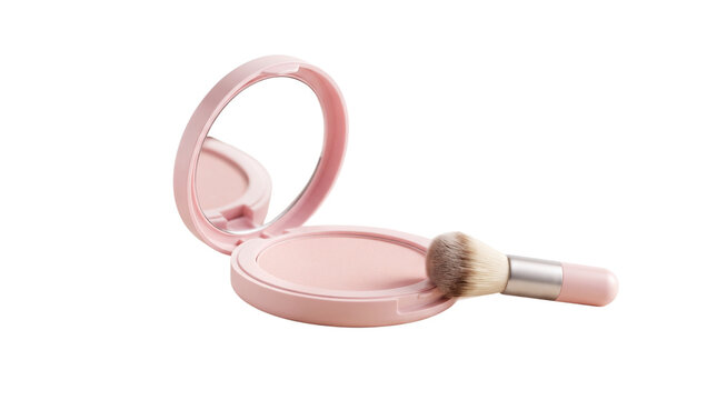 Pink blush compact with mirror and makeup brush, open cosmetic powder case, professional beauty tools for skin care and makeup application