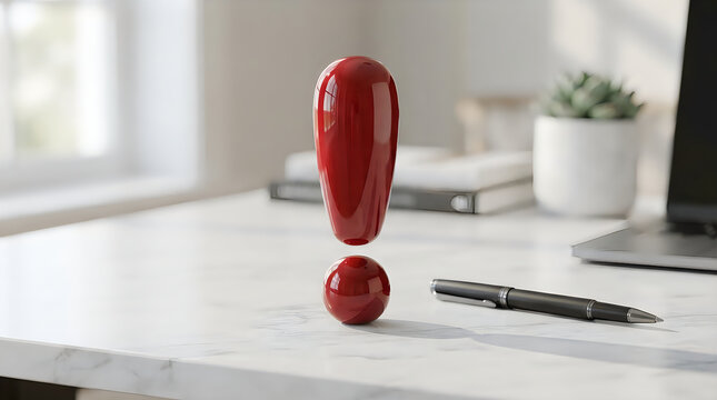 Shiny red exclamation mark symbol standing on a clean white desk in an office