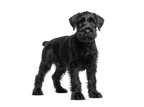 Black schnauzer dog standing and looking at the camera isolated on transparent background