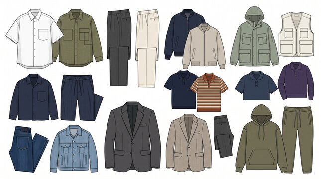 Flat lay fashion sketches of men's apparel collection, technical vector drawings of casual menswear garments, minimalist clothing design templates