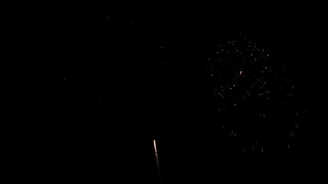 Firework Display Illuminating Night Sky with Golden Glowing Sparks and Rising Rocket Celebration