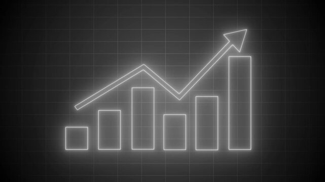 Glowing neon-style outline of a bar chart with five vertical bars and a downward arrow above animation