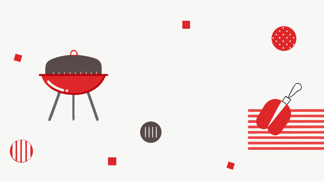 Barbecue grill red bowl with dark grey lid and cooking utensils over striped pattern creates festive outdoor dining party background.