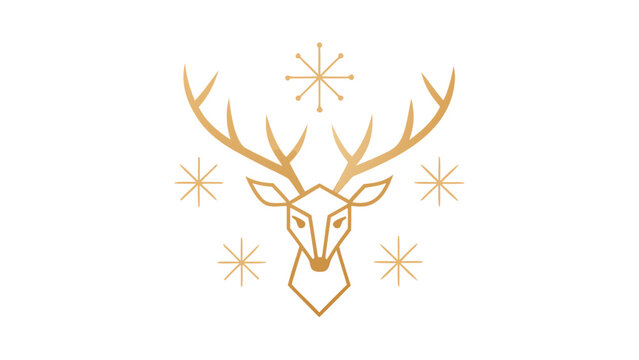 Geometric deer head with large antlers surrounded by golden snowflakes captures elegant winter holiday spirit and wild nature motifs.