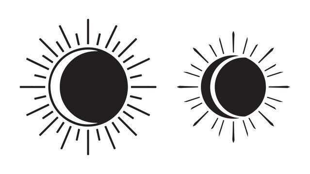 Black celestial solar eclipse sunburst icons set with radiant sun rays and crescent moon silhouette isolated on white background vector