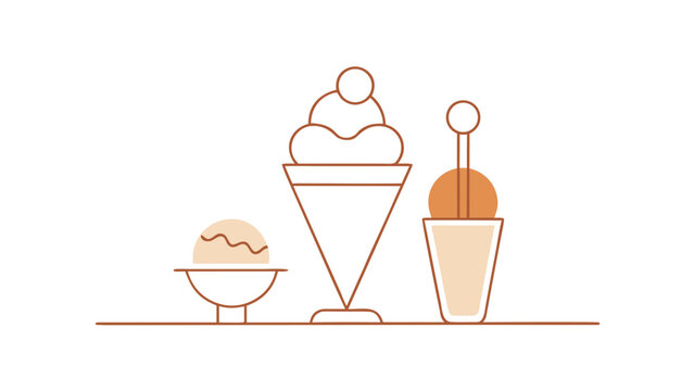 Three assorted ice cream desserts in bowls and cups with a scoop on white background for menu and sweet treats design.