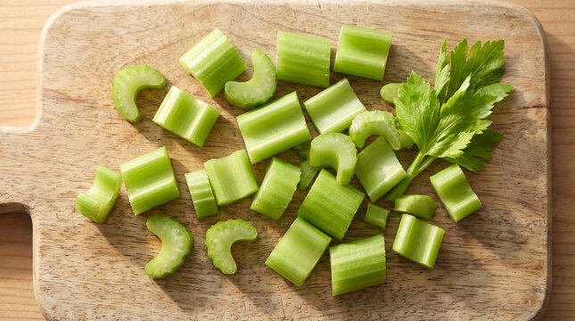 Fresh chopped celery stalks with celery leaves on rustic wooden cutting board, top view of healthy green vegetable ingredients for cooking and clean eating