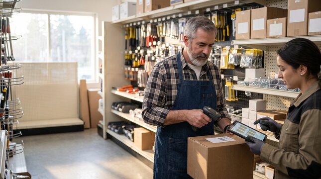 Hardware Store Workers Scanning Inventory Package with Tablet