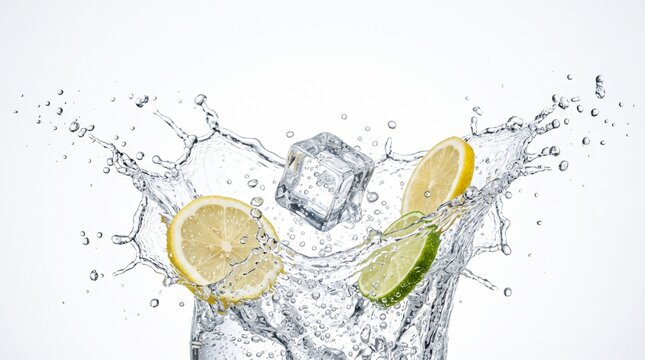 Refreshing water splash with lemon and lime slices, ice cube falling into liquid, citrus fruit water crown splash isolated on White Background