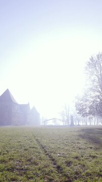 Moving towards magical castle beside tall forest and sun in background