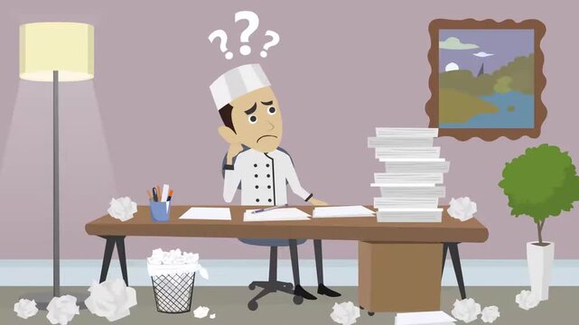 2D animation of a restaurant chef sitting at a messy desk overloaded with paperwork and phone calls stress concept
