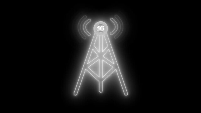 Neon-style 5g tower icon on black background, glowing antenna signals, minimal futuristic tech symbol animation