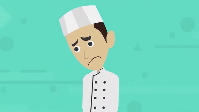 2D animation close up of a sad and disappointed male chef looking down green background food industry crisis