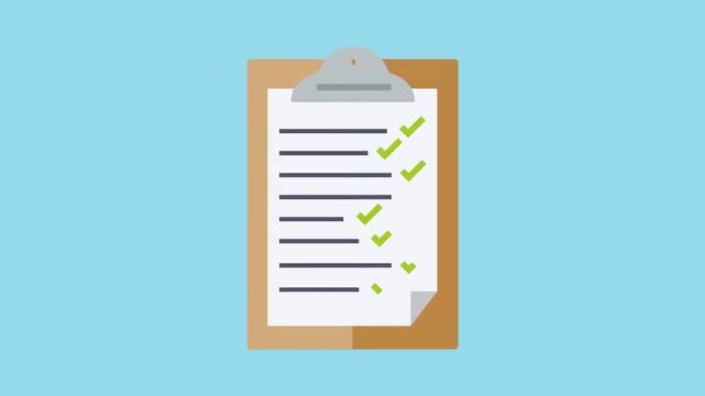 2D animation close up of a clipboard document with green checkmarks approved task completed survey checklist
