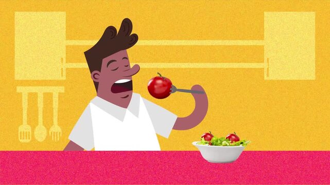 2D animation of a young man eating a fresh red tomato with fork from a salad bowl healthy food diet concept
