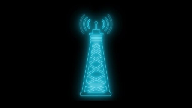 Glowing neon radio tower icon on black background animation