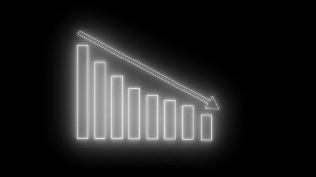 Glowing neon-style bar chart with descending bars and a downward arrow animation on black background