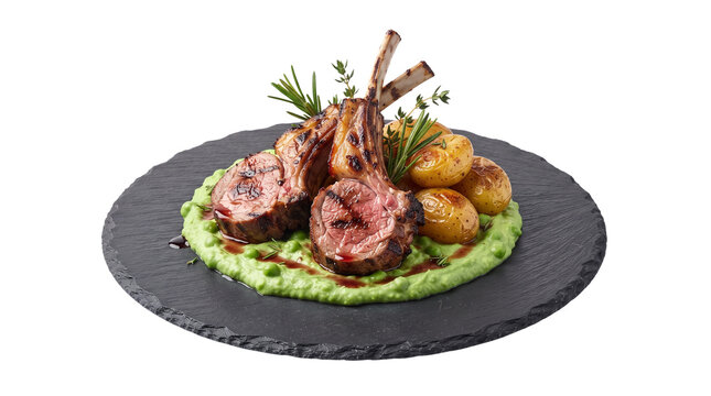 Grilled lamb chops with green pea puree and roasted potatoes. Gourmet rack of lamb on slate plate. Fine dining meat entree with rosemary. isolated PNG with Transparent Background