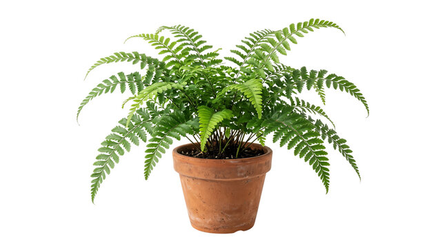 Lush green fern in terracotta pot, vibrant indoor houseplant on white background, potted botanical fern for home decor