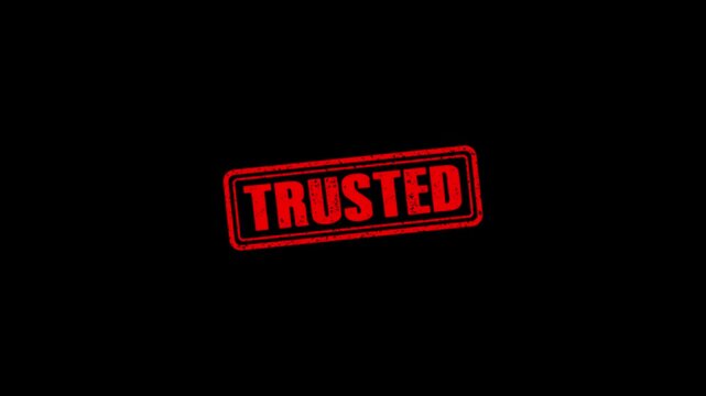 Trusted rubber stamp animation. Trusted Stamp textured bold text motion. Up to down stamp zooming and hit effect 4k video.