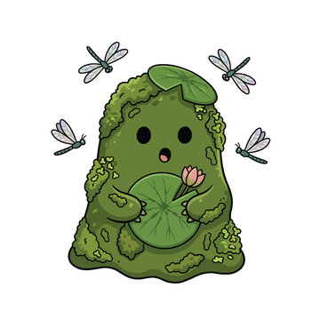 A cute, moss-covered creature with a surprised expression, holding a lily pad and a lotus flower, surrounded by dragonflies.