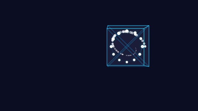 Abstract 3D wireframe cube rotation with glowing dots on dark background futuristic tech loop
